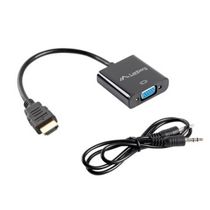 Lanberg AD-0017-BK. Conversor HDMI Macho para VGA Fêmea com saída de áudio Jack 3.5mm. Cabo de 20cm. Resolução até 1920x1200. Conectores banhados a ouro. - AD-0017-BK