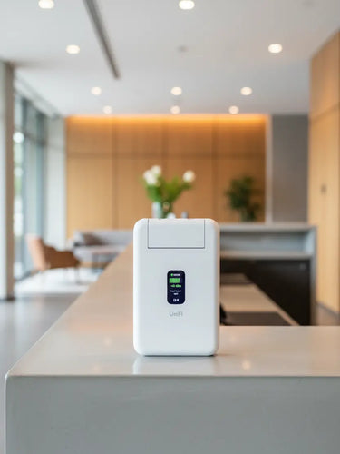 Router UTR da Ubiquiti em cor branca, com design minimalista e compacto, colocado sobre uma secretária, com indicador LED frontal ligado.
