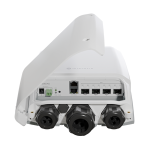 O switch de exterior ideal para redes de fibra. O FiberBox Plus da MikroTik oferece 4 portas 10G SFP+, proteção IP66 e dual-boot (RouterOS/SwOS). - CRS305-1G-4S+OUT