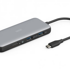 Digitus DA-70915. Hub USB-C 8-em-1. Suporta 2 monitores 4K a 60Hz. 2x USB-A 10Gbps, Ethernet Gigabit, Leitores SD/MicroSD. Power Delivery 100W. Corpo em alumínio. - DA-70915