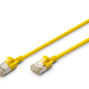 Cabo de rede Cat6A "slim" de 0.5m (amarelo) da Digitus. Com blindagem F/FTP e design fino e flexível, é ideal para data centers e espaços confinados. - DK-1632-A-005S-Y