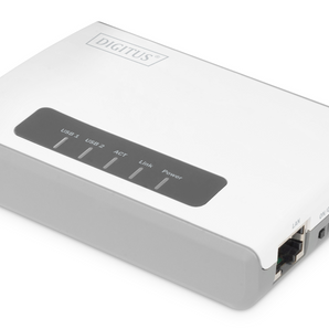 Transforme os seus dispositivos USB em dispositivos de rede com o servidor multifunções da Digitus. Funciona como Print Server, NAS e Hub USB sem fios (300 Mbps). - DN-13024