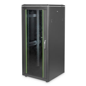 Armário rack 26U (600x600mm) Digitus DN-19 26U-6/6-B-1 (Série Unique). Carga 1200kg, porta de vidro, porta traseira aço. Entregue montado. Preto (RAL 9005). - DN-19 26U-6/6-B-1