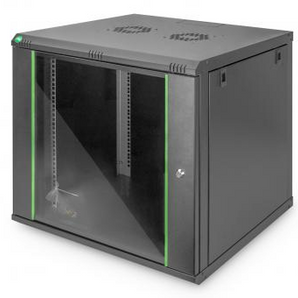 Bastidor rack de parede 9U (600x600mm) Digitus DN-19 09U-6/6-SW (Série Unique). Carga 100kg, porta de vidro, painéis laterais amovíveis. Entregue montado. Preto (RAL 9005). - DN-1909U-6/6-SW