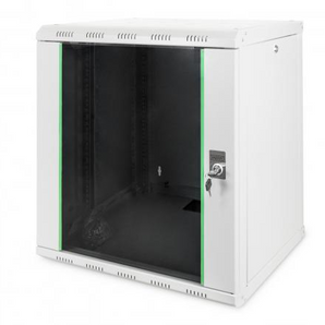 Armário rack de parede 12U (600x450mm) Digitus DN-1912-U (Série Unique). Carga 100kg, porta de vidro, painéis laterais amovíveis. Cinzento (RAL 7035). Entregue montado. - DN-1912-U