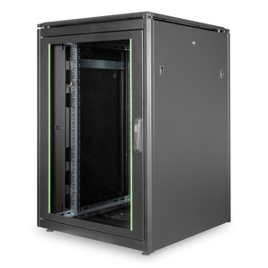 Bastidor rack 22U (800x800mm) Digitus DN-19 22U-8/8-B-1 (Série Unique). Carga 1200kg, gestão cabos vertical, porta traseira dupla. Entregue montado. Preto. - DN-1922U-8/8-B-1