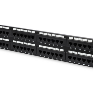 Patch panel 2U 19" da Digitus (DN-91648U). 48 portas RJ45 CAT 6 (não blindado, U/UTP), para terminação LSA. Para 1GbE/PoE (250MHz). Preto. - DN-91648U