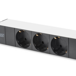 Régua de tomadas PDU 1U (10") Digitus DN-95411. 3 tomadas Schuko (CEE 7/3) a 35°. 16A/4000W, perfil de alumínio. Cabo de 2m (CEE 7/7). - DN-95411