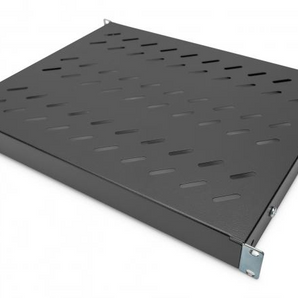 Prateleira fixa 1U para armários de 600mm (DN-97645). Calhas ajustáveis (350-550mm), fixação em 4 pontos. Suporta 50kg. Aço perfurado preto. - DN-97645