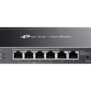 TP-Link Omada ES206GP. Switch Smart Gigabit 6 Portas. 4x Portas PoE+ (65W). Alcance PoE 250m. PoE Auto Recovery. Fanless (Silencioso). Gestão Omada SDN. - ES206GP