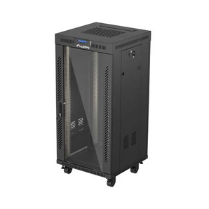 Armário bastidor de chão Lanberg 24U (600x600mm) Flat Pack. Porta em vidro temperado, ecrã LCD com termóstato, painel de ventilação e carga até 1200 kg. - FF01-6624-12BL