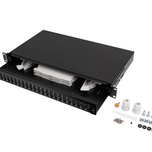 Distribuidor Ótico (D.O.) Lanberg 1U 19" para 24 portas SC Duplex ou LC Quad. Design deslizante (gaveta) com 2 cassetes de fusão incluídas. - FOP1-24SD-LQB