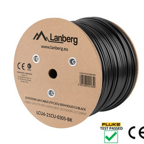 Bobine de 305m de cabo de rede Cat. 6 UTP (100% Cobre) Lanberg. Condutor sólido AWG 23 e revestimento PE resistente a UV. Ideal para instalação exterior. - LCU6-21CU-0305-BK