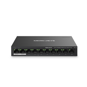 Switch 10 Portas Mercusys MS110P. 8 Portas PoE+ (65W) + 2 Uplinks. Modo Extend (250m), Isolamento e PoE Auto Recovery. Caixa metálica. Ideal p/ CCTV. - MS110P