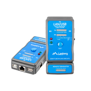 Testador de cabos universal Lanberg NT-0403. Verifica RJ45, RJ11/12 e cabos USB (A/B). Deteta curto-circuitos e trocas. Unidade remota destacável. LEDs indicadores. - NT-0403