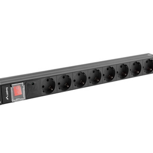 Régua PDU 19" 1U Lanberg. 8 tomadas Schuko (Tipo F), 16A, 4000W. Com fusível automático, proteção contra sobretensão e cabo de 2m. - PDU-08F-0200-BK