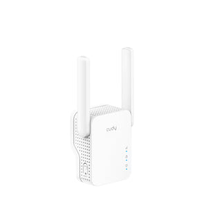 Cudy RE1200: repetidor Wi-Fi com 867 + 300 Mbps, duas antenas fixas, porta Ethernet 100M, indicadores de sinal e instalação direta na tomada.