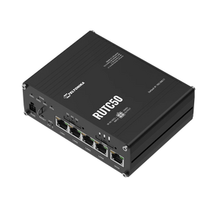 Router industrial 5G da Teltonika com velocidades até 3.4 Gbps. O RUTC50 oferece Wi-Fi 6, 5 portas Gigabit, Dual SIM + eSIM para a máxima fiabilidade. - RUTC5020B000