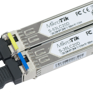 Kit de 2 módulos SFP WDM (BiDi) da MikroTik para ligações de 1.25G sobre uma única fibra. Alcance de 20km em Single-Mode. Ideal para duplicar a capacidade da sua fibra. - S-35-53LC20D