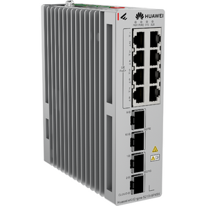 Switch industrial PoE+ da Huawei com 8 portas GbE, 2 portas SFP e 2 portas 10G SFP+. O S210I-8P4SX é fanless, com montagem DIN e alimentação DC redundante. - S210I-8P4SX