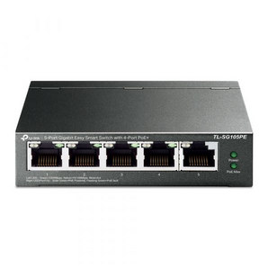 Switch Easy Smart TP-Link TL-SG105PE. 5 Portas Gigabit, 4 PoE+ (65W). Gestão Web/Utility, VLAN, QoS e PoE Auto Recovery. Caixa metálica Fanless. - TL-SG105PE