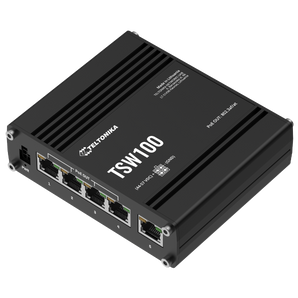 Teltonika TSW100. Switch Industrial Não Gerido. 5 Portas Gigabit (4x PoE+ 802.3at). Orçamento PoE 120W. Caixa de alumínio robusta. Operação de -40°C a 75°C. Montagem DIN-Rail. - TSW100010000