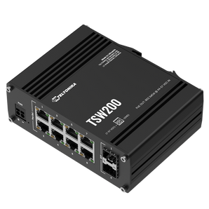 Teltonika TSW200. Switch Industrial Não Gerido. 8 Portas Gigabit PoE+ (Orçamento 240W). 2 Portas SFP. Suporte DIN-Rail Integrado. Operação de -40°C a 75°C. - TSW200000051