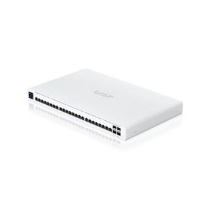 Switch Ubiquiti UISP-S-Pro para fornecedores WISP. 24 portas Gigabit (16 com PoE Passivo 27V de 220W totais), 4 portas SFP+ 10G, ecrã tátil e gestão UISP.