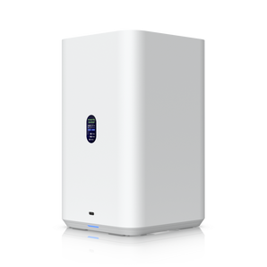 Network Attached Storage (NAS) compacto da Ubiquiti com 2 baías para discos 3.5". Oferece uma porta 2.5GbE, alimentação PoE++ e gestão UniFi Drive. - UNAS-2-W