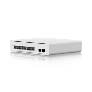 Switch compacto de classe profissional com montagem em secretária ou parede, equipado com 8 portas Ethernet de 10 GbE com suporte PoE++ e 2 portas SFP+ de 10 Gbps. O USW-PRO-XG-8-POE oferece comutação Layer 3 com tecnologia Etherlighting, garantindo