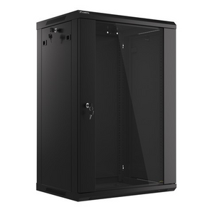 Lanberg WF01-6418-10B. Armário rack mural de 18U, 600x450mm. Porta em vidro temperado. Carga até 60kg. Sistema Flat Pack (Auto-montagem). Cor Preto RAL9004. - WF01-6418-10B