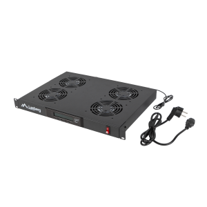 Painel de ventilação 1U Lanberg AK-1503-B. 4 ventoinhas, 230V, com termostato e ecrã LCD. Ideal para arrefecimento ativo de bastidores. - AK-1503-B