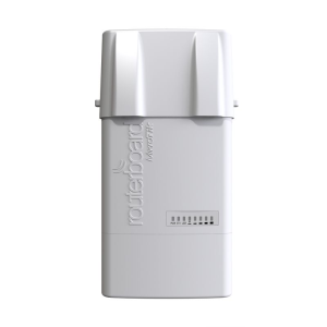 Rádio outdoor da MikroTik com caixa à prova de intempéries. O BaseBox 5 (5GHz) possui conectores RP-SMA, porta Gigabit, USB e um slot de expansão miniPCIe. - BASEBOX5