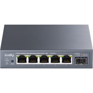 Cudy GS105ES1. Switch Smart Gigabit de 5 portas RJ45 + 1 Slot SFP 1.25G. Gestão via Web (VLAN, QoS, IGMP Snooping). Caixa metálica compacta. - GS105ES1