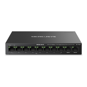 Switch de secretária da Mercusys com 8 portas PoE+ (115W) e 2 uplinks Gigabit. O MS110CMP oferece modo de longo alcance (250m) e recuperação automática PoE. - MS110CMP