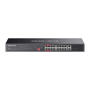 Switch PoE+ Gigabit Mercusys MS120GP. 16 portas PoE+ (192W totais), 2x Uplink RJ45 e 2x Slots SFP. Modos Extend (250m), Isolamento e PoE Auto Recovery. - MS120GP
