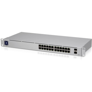 Switch Layer 2 Ubiquiti USW-24. 24 Portas Gigabit RJ45, 2 Portas SFP. Refrigeração Fanless (Silencioso). Ecrã tátil LCM 1.3