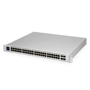 O USW-Pro-48-POE é um switch Gigabit Layer 2 e Layer 3 configurável, com deteção automática 802.3at PoE+ e 802.3bt PoE++. Dispõe de quarenta portas RJ45 Ethernet PoE+ e oito PoE++, com um orçamento total de 600W para PoE, além de quatro portas SFP+ q