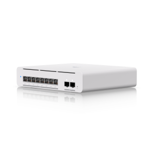 Switch compacto de classe profissional com montagem em secretária ou parede, equipado com 8 portas Ethernet de 10 GbE com suporte PoE++ e 2 portas SFP+ de 10 Gbps. O USW-PRO-XG-8-POE oferece comutação Layer 3 com tecnologia Etherlighting, garantindo